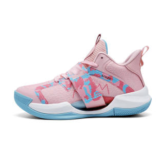 Ku Qi Abrasion Resistant Breathable Lightweight Cushioning Mid top Children's Basketball Shoes Pink Teenagers