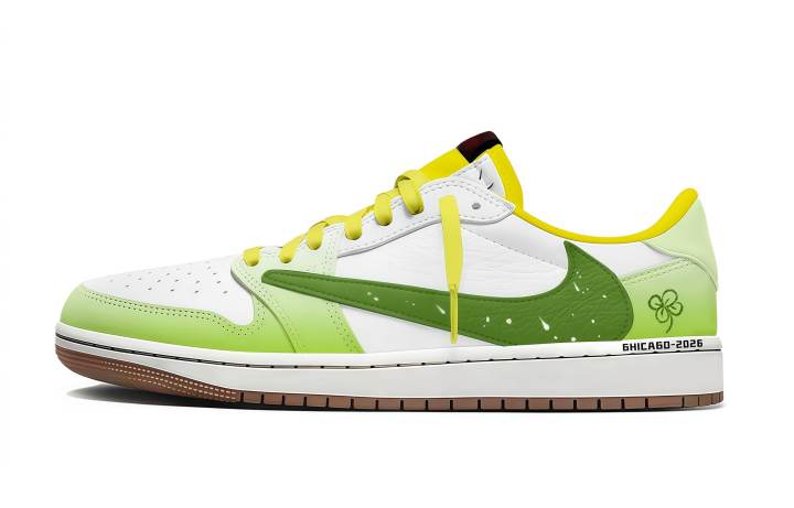 Jordan Travis Scott x Jordan Air Jordan 1 Reverse Hook Lime Lucky Clover Leather Cushioning Abrasion Resistant
