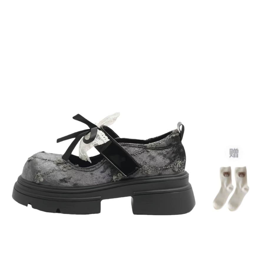 BINGO DUCK Microfiber Leather Chunky Heel Mary Jane Shoes Women's Gray Green