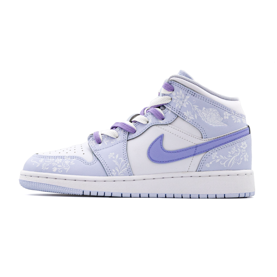Jordan Jordan Air Jordan 1 Slip Resistant Abrasion Resistant Mid top Children's Basketball Shoes White Purple Teenagers