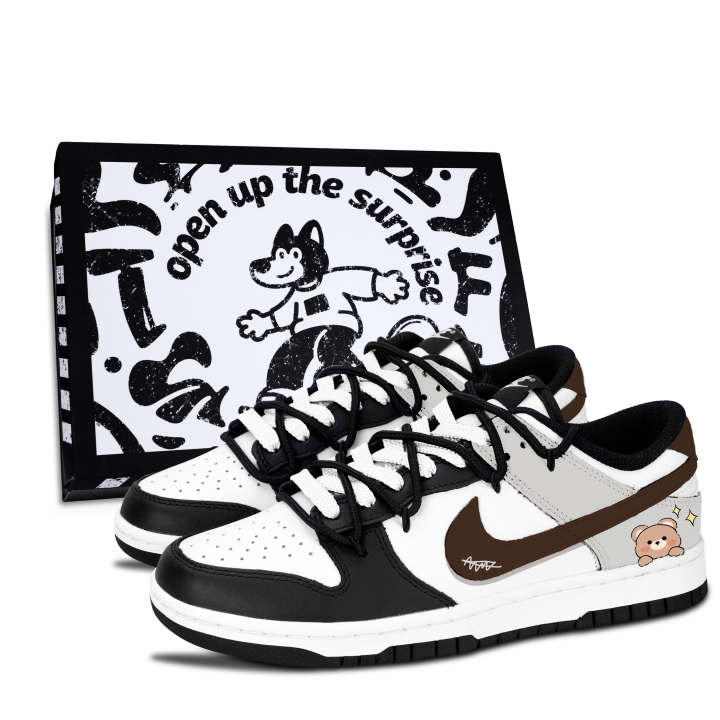 Nike Nike Dunk Black White, Brown Bear Urban Chic Style Leather Slip Resistant, Abrasion Resistant, Lightweight Cushioning