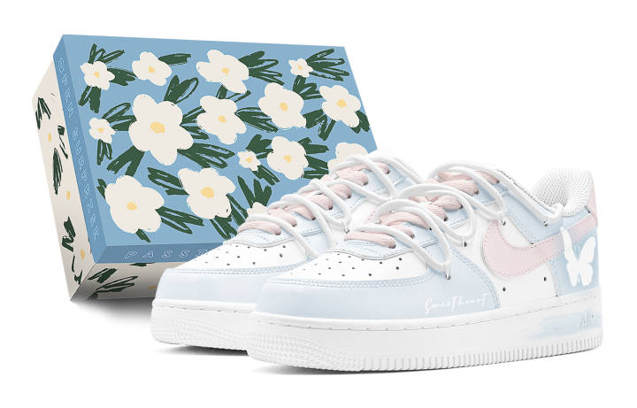 Nike Nike Air Force 1 LE Synthetic Leather Low top Kids' Skateboarding Shoes Pink Blue Teenagers