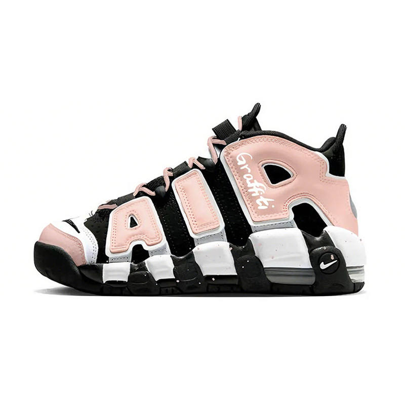 Nike Nike Air More Uptempo Peach Blossom Ink Poetry Leather Cushioning Mid top Children's Basketball Shoes Black Pink