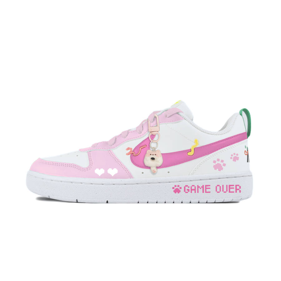 Nike Nike Court Borough Pink Paw Print Slip Resistant Abrasion Resistant Low top Kids' Skateboarding Shoes White Teenagers