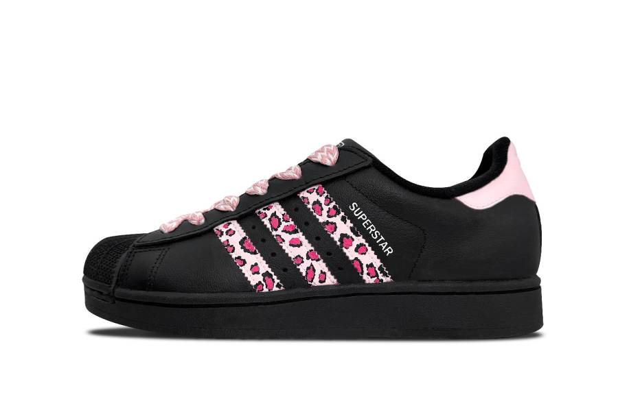 Adidas Originals Superstar 2 Pink Leopard Print Abrasion Resistant Low top Kids' Skateboarding Shoes Black Pink