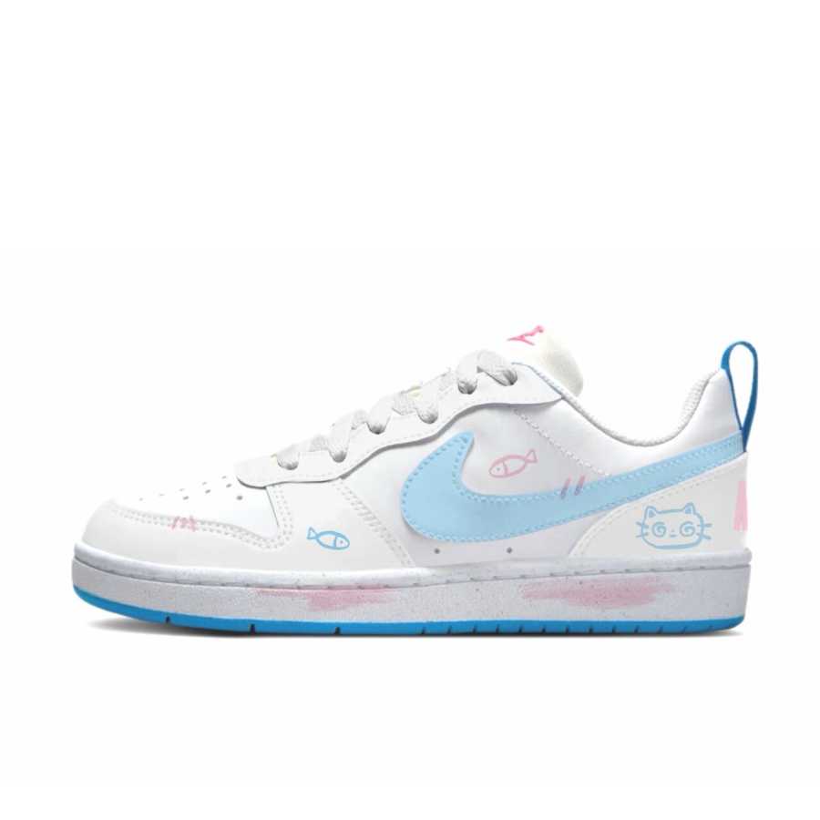 Nike Nike Court Borough Meow Fun Fish Slip Resistant Abrasion Resistant Low top Skateboard Shoes White Blue Kids'