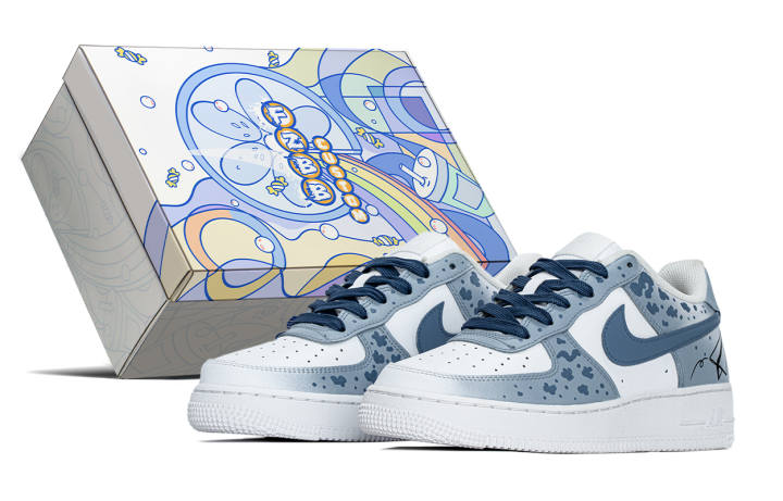 Nike Nike Air Force 1 Ink Splatter Paper Plane Leather Slip Resistant Slip Resistant Low top Kids' Skateboarding Shoes Blue