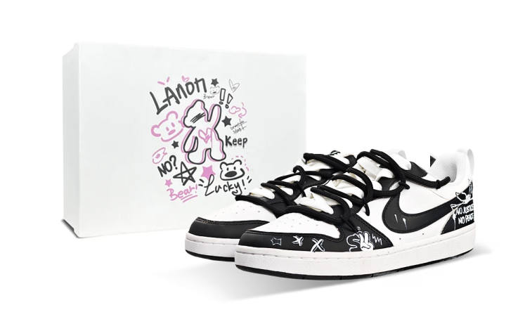 Nike Nike Court Borough Paintbrush Graffiti, Special Box Synthetic Leather Low top Kids' Skateboarding Shoes Black White