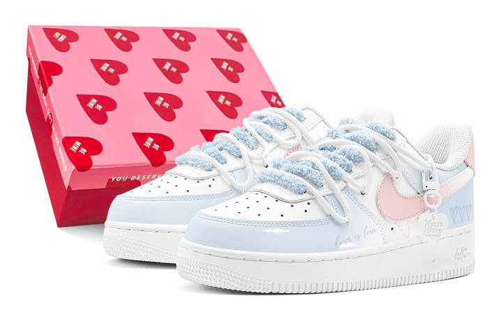 Nike Nike Air Force 1 Synthetic Leather Low top Kids' Skateboarding Shoes Pink Blue Teenagers
