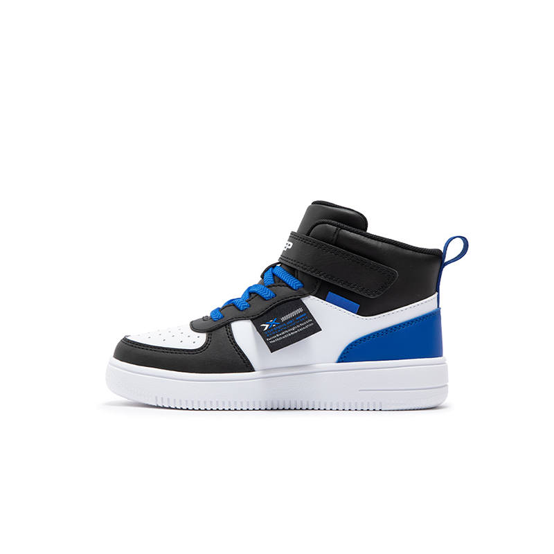 XTEP Synthetic Leather Slip Resistant Abrasion Resistant High top Kids' Skateboarding Shoes Black White Blue