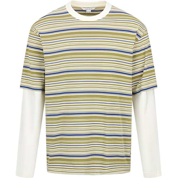 URBAN REVIVO T Shirts Men's Khaki Green Stripes Crew Neck Moderate Mock Two Piece
