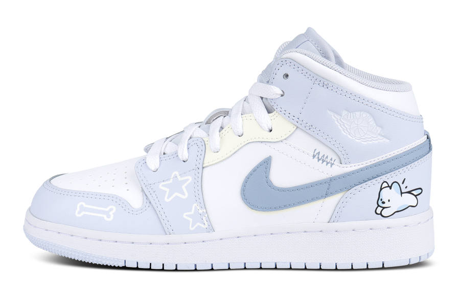 Jordan Jordan AJ1Air Jordan 1 Leather Mid top Children's Basketball Shoes Light Blue Teenagers