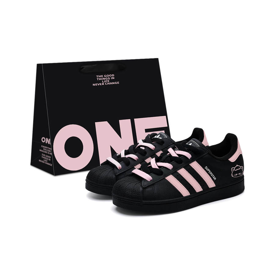 Adidas Originals Superstar 2 Leather Low top Kids' Skateboarding Shoes Black Pink Teenagers