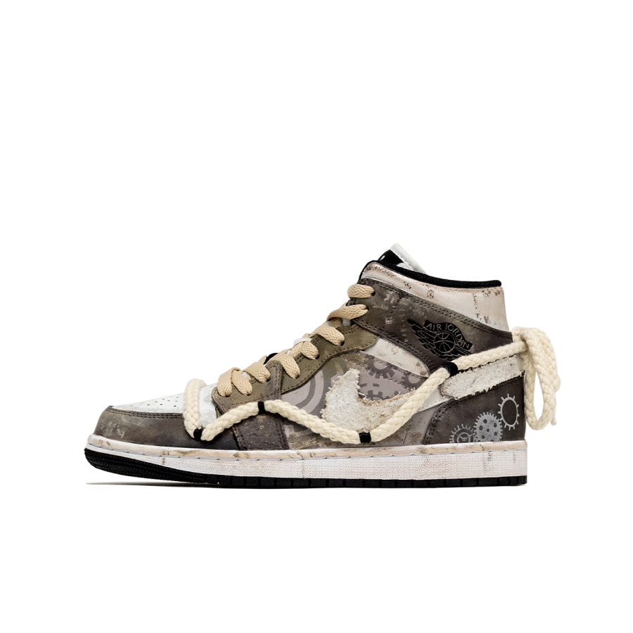 Jordan Jordan Air Jordan 1 Mid Leather Cushioning, Wear Resistant High top Children's Basketball Shoes Brown White Teenagers