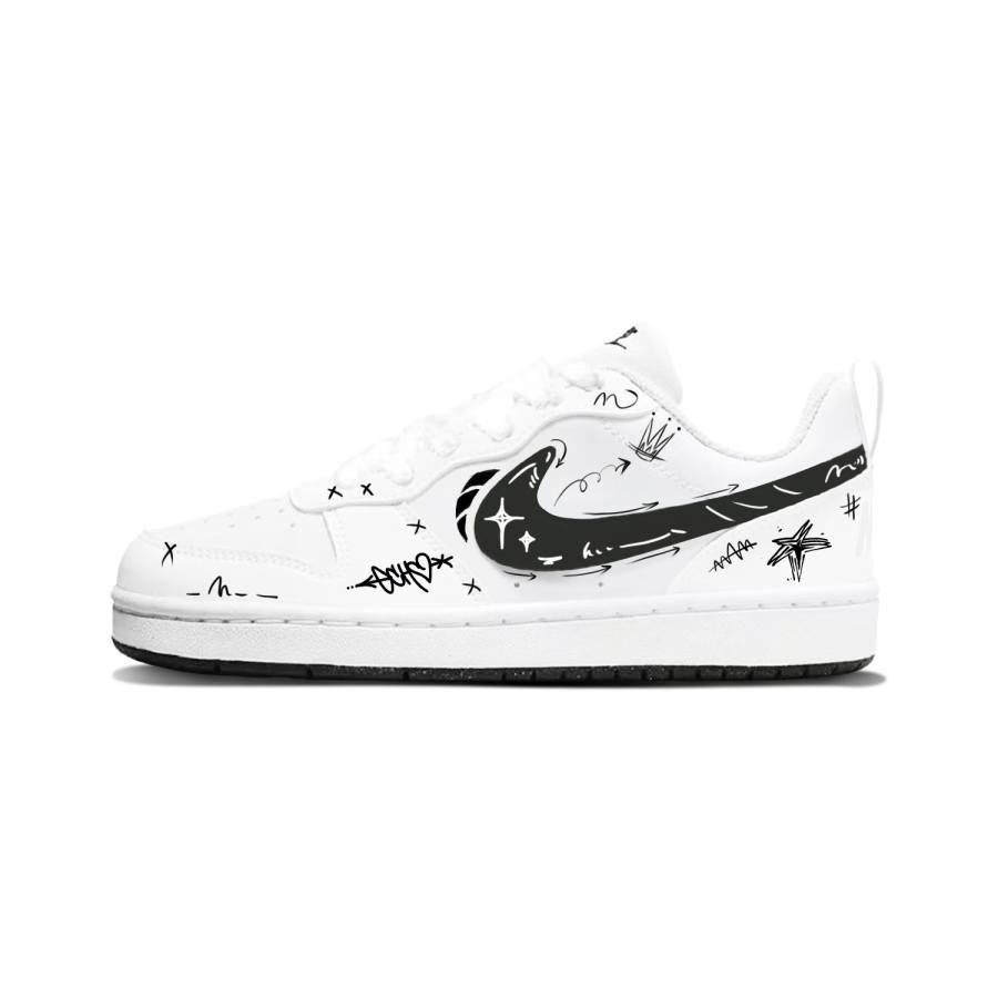 Nike Nike Court Borough Star Graffiti Synthetic Leather Low top Kids' Skateboarding Shoes Black White Unisex