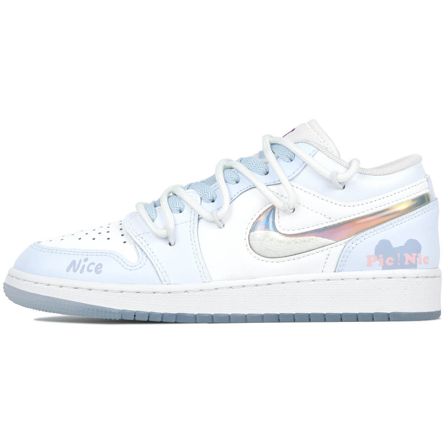 Jordan Jordan Air Jordan 1 Synthetic Leather Comfortable Low top Children's Basketball Shoes White Blue Teenagers