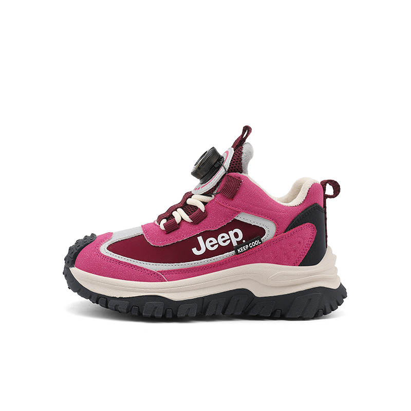 Jeep Synthetic Leather Fleece Lined Comfortable Anti Kick Abrasion Resistant Thermal Low top Kids' Running Shoes Pink