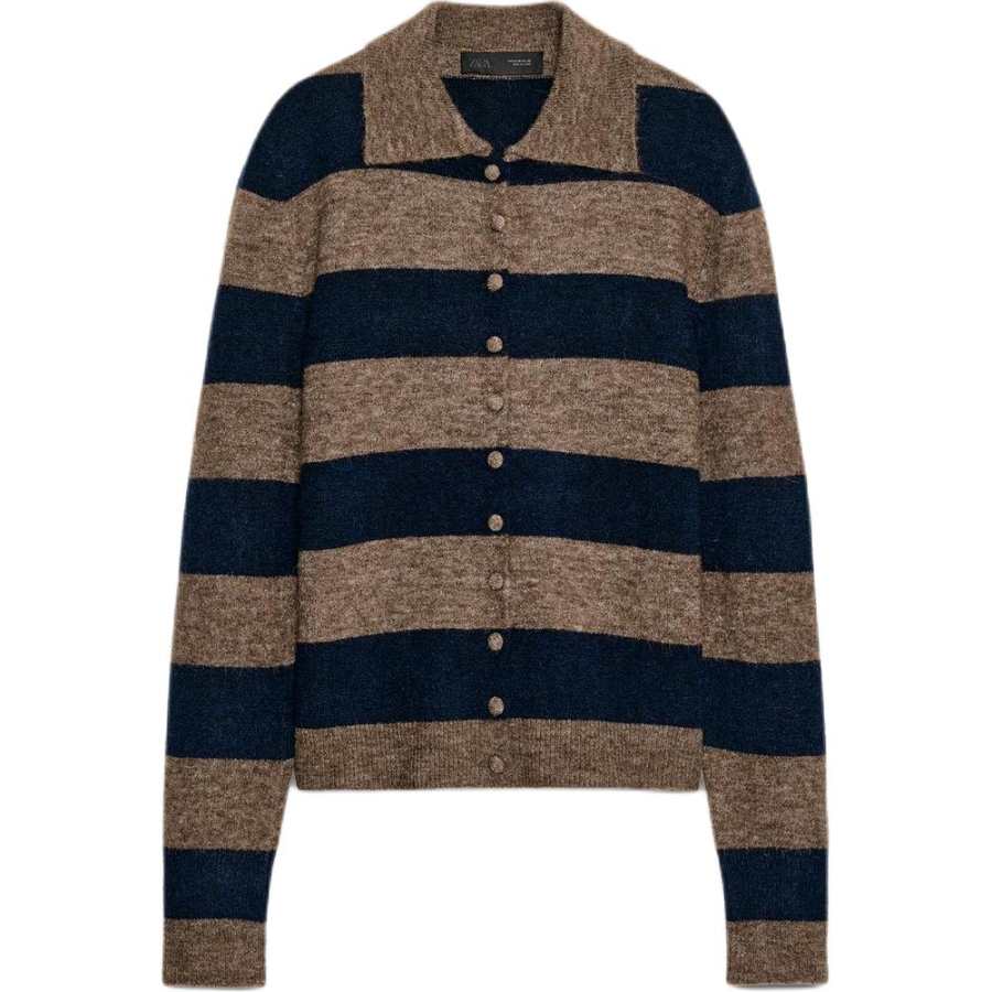 ZARA Knitwear Women's Brown Blue Lapel Moderate