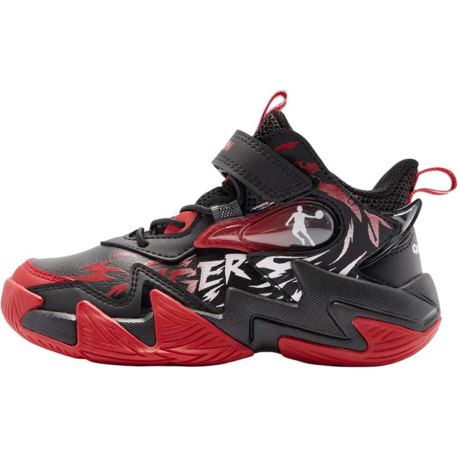 QIAODAN Slip Resistant Abrasion Resistant Mid top Children's Basketball Shoes Black Red Children Aged 3 7 Years Old