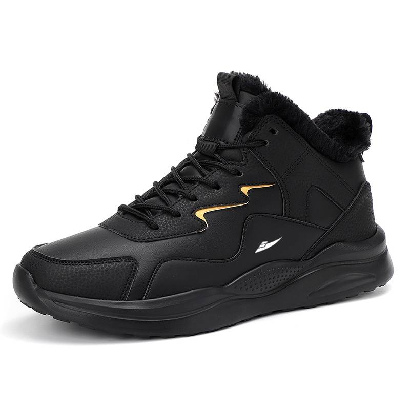 KUDING Synthetic Leather Comfortable Cushioning Slip Resistant Thermal Mid top Casual Shoes Men's Black