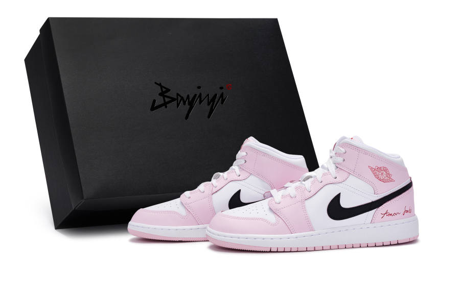 Jordan Jordan Air Jordan 1 Slip Resistant Abrasion Resistant Mid top Children's Basketball Shoes Black White Pink Teenagers
