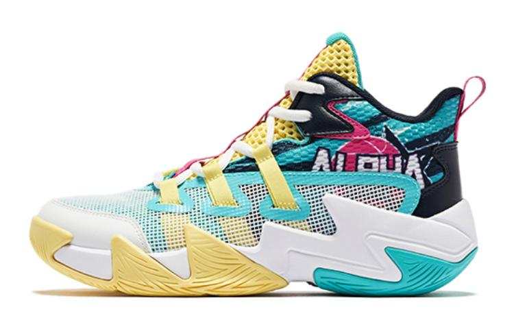 QIAODAN Fabric Slip Resistant Cushioning Slip Resistant Cushioning Mid top Basketball Shoes Green Yellow Unisex