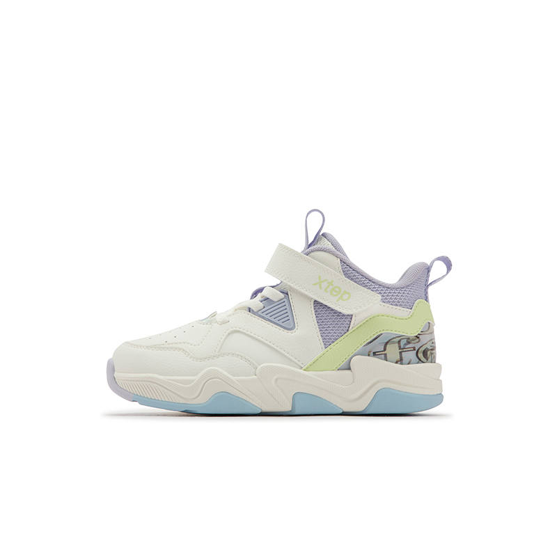 XTEP Slip Resistant Abrasion Resistant Mid top Basketball Shoes Sail White Snow Blue Purple Kids'