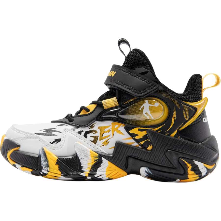 QIAODAN Slip Resistant Abrasion Resistant Mid top Children's Basketball Shoes Black Yellow Children Aged 3 7 Years Old