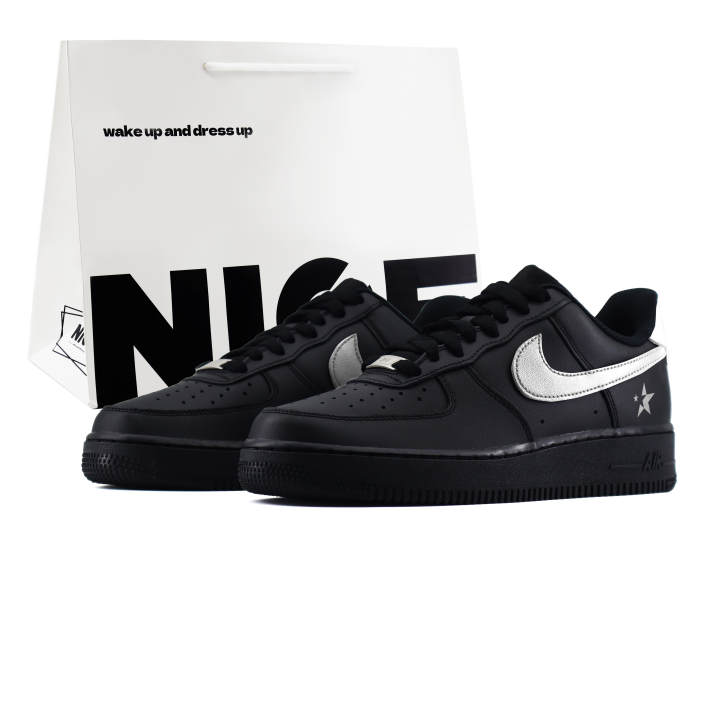 Nike Nike Air Force 1 Stars Slip Resistant Cushioning Abrasion Resistant Low top Skateboard Shoes Black Silver Kids'