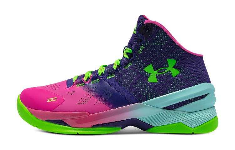 Under Armour Curry 2 Slip Resistant Cushioning Abrasion Resistant Mid top Children's Basketball Shoes Pink Purple Blue