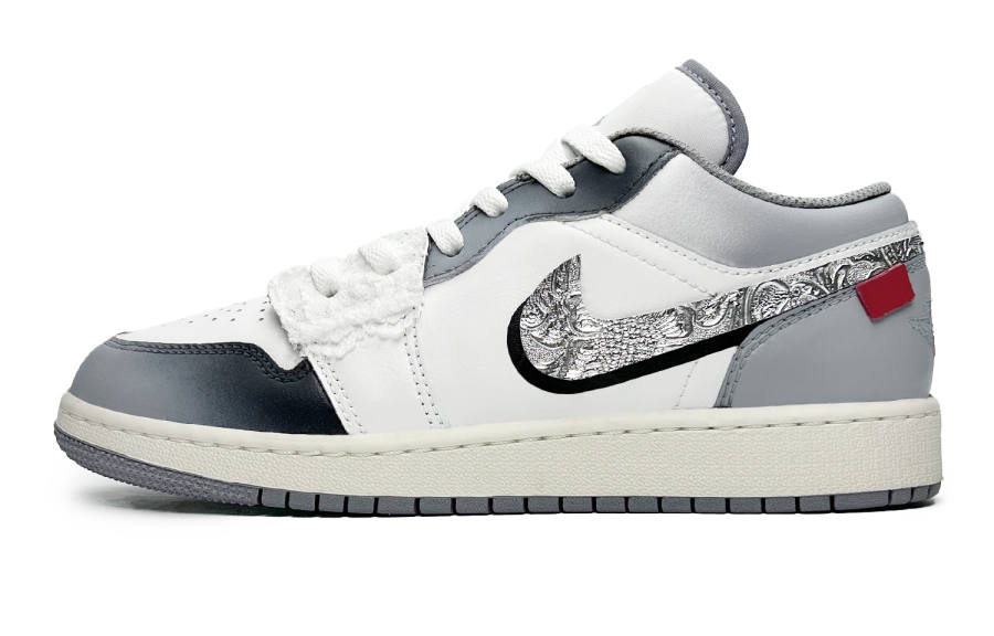 Jordan Jordan Air Jordan 1 Leather Slip Resistant Abrasion Resistant Low top Children's Basketball Shoes White Gray Teenagers
