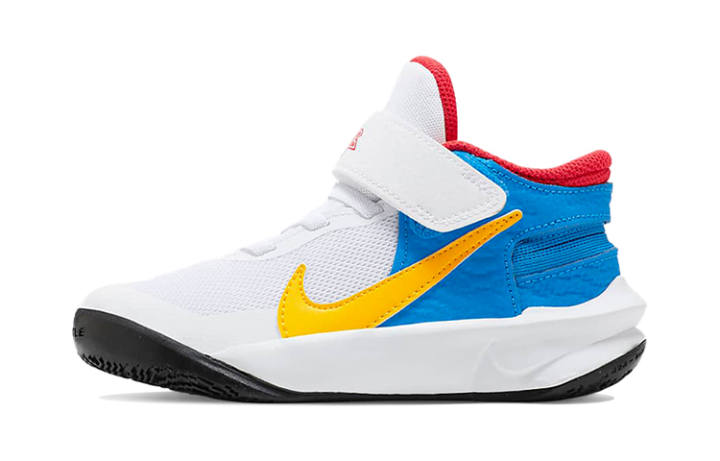 Nike Nike Team Hustle D 10 Flyease Cushioning Breathable Low top Performance Basketball Shoes White Blue Yellow Kids'
