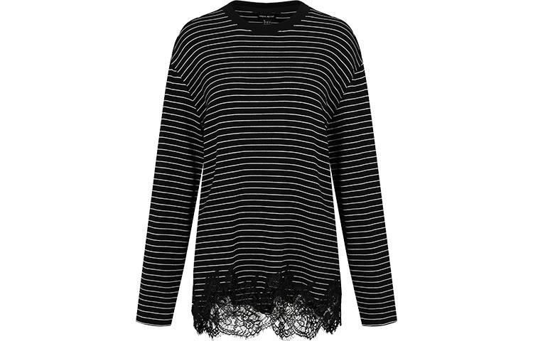 URBAN REVIVO T Shirts Women's Black Stripes Crew Neck Moderate Straight Fit