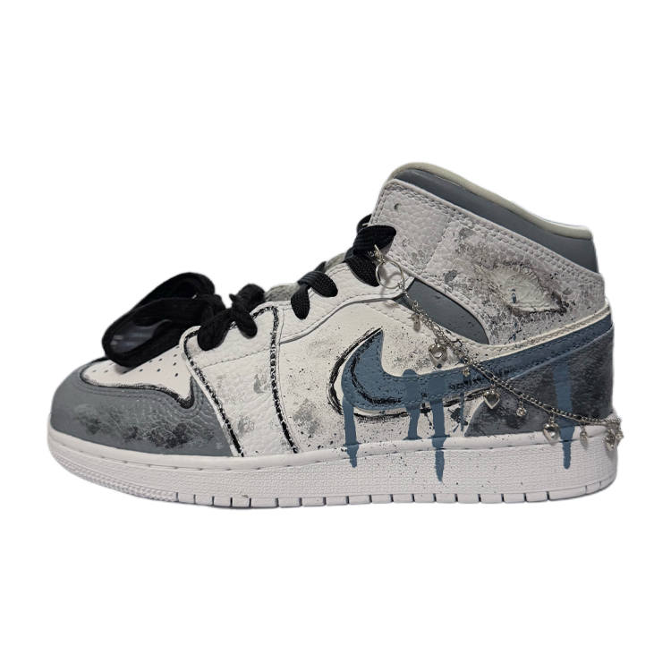 Jordan Jordan Air Jordan 1 Mid Ink Love Synthetic Leather Mid top Children's Basketball Shoes Gray White Teenagers