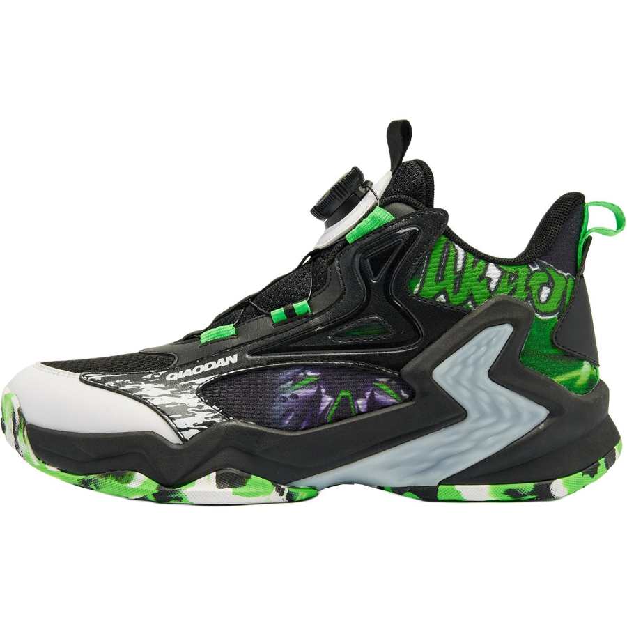 QIAODAN Synthetic Leather, Textile Mid top Basketball Shoes Black/Light Rain Green Teenagers