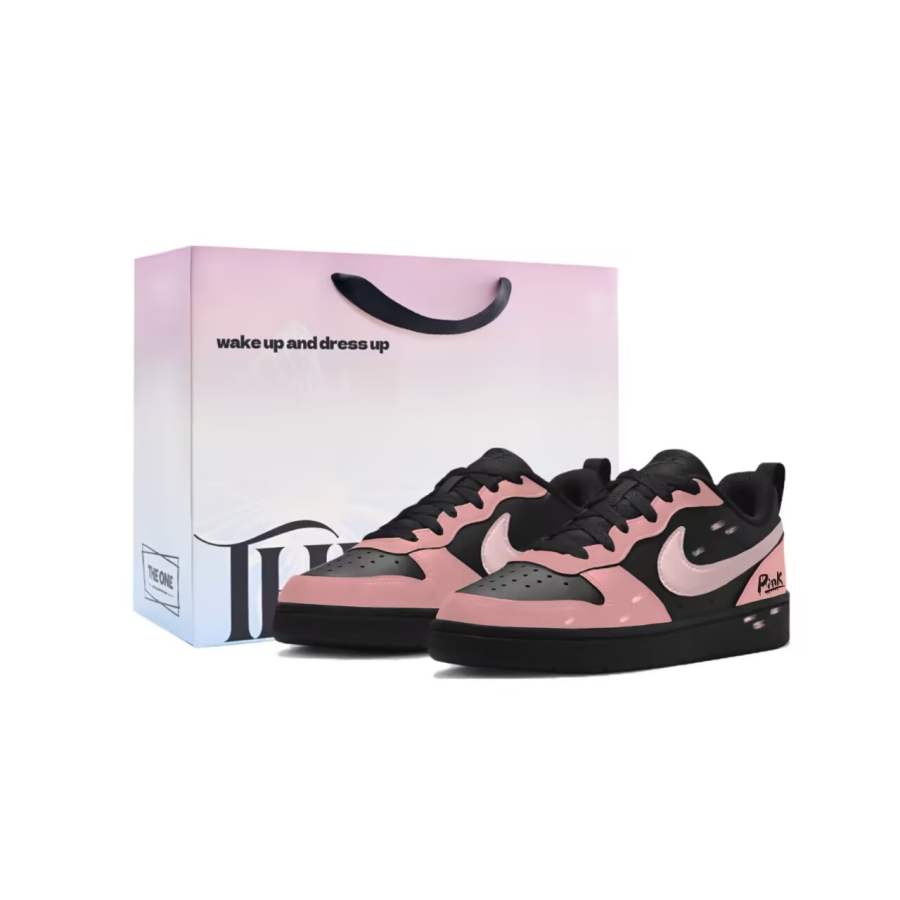 Nike Nike Court Borough Black Pink Graffiti Leather Slip Resistant Low top Skateboard Shoes Pink Black Kids'