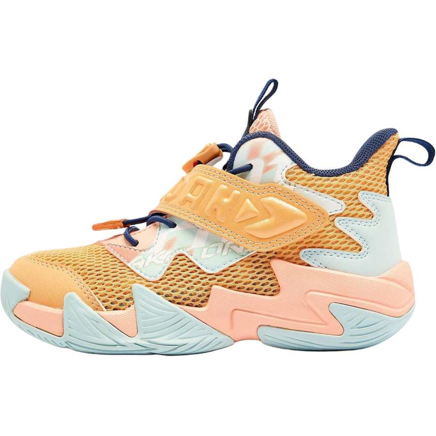 QIAODAN Mid top Children's Basketball Shoes Golden Orange/Hot Pink Children Aged 3 7 Years Old