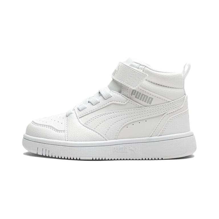 PUMA Rebound V6 Synthetic Leather Mid top Kids' Skateboarding Shoes White Gray Pre school