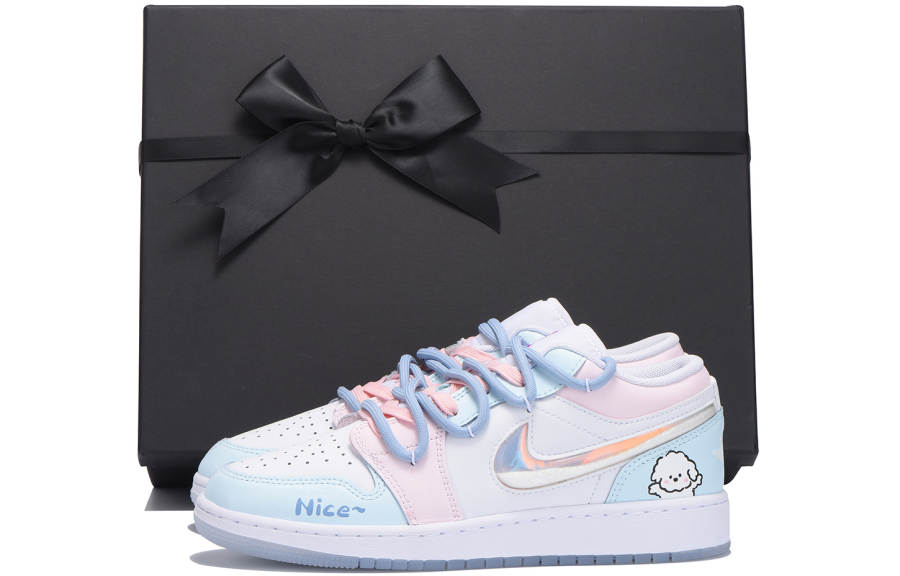 Jordan Jordan Air Jordan 1 Slip Resistant Low top Children's Basketball Shoes White Blue Teenagers