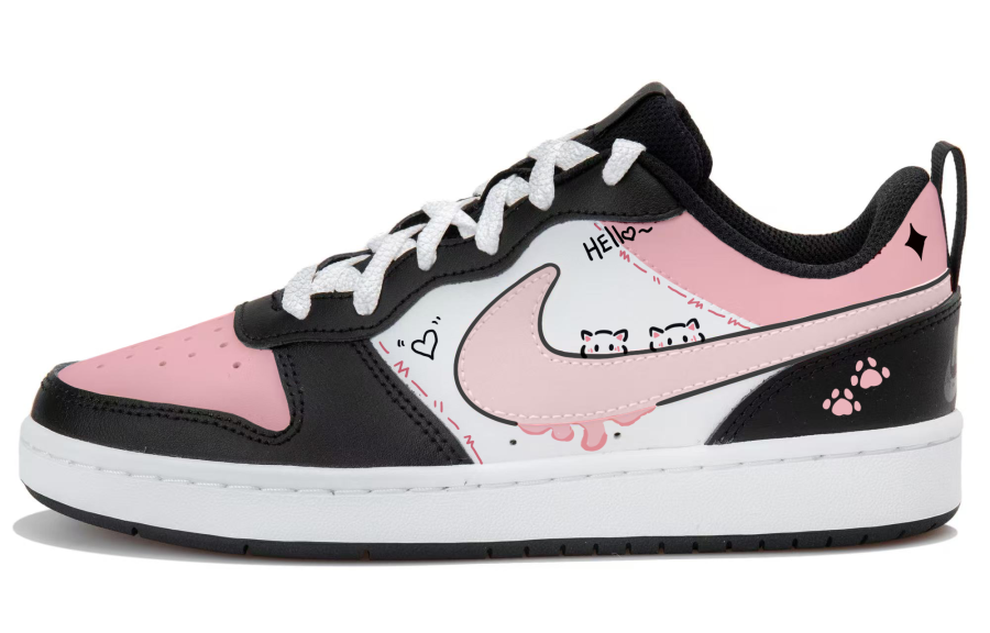 Nike Nike Court Borough Pink Cat Language Synthetic Leather Low top Kids' Skateboarding Shoes White Black Pink