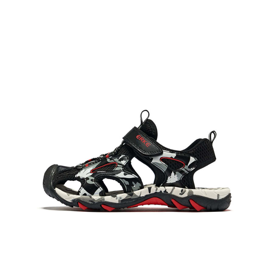 ERKE KIDS Jungle Synthetic Leather, Textile Slip Resistant, Breathable, And Quick Dry Low top Sandal Black Gray Kids'