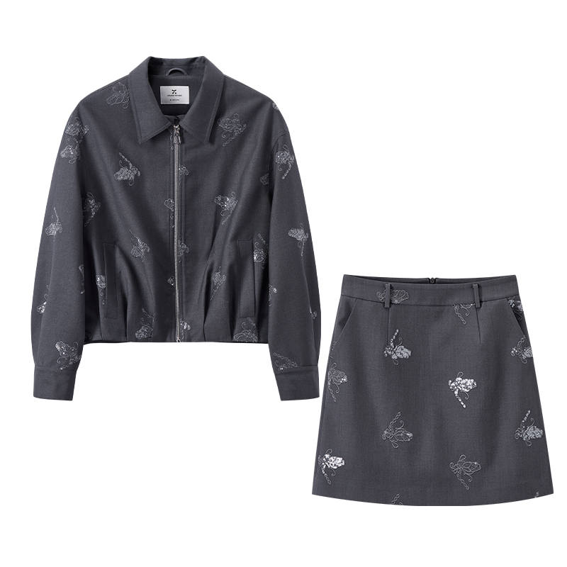 XIANGYING Two Piece Skirt Sets Women's Lava Gray Lapel Moderate Short
