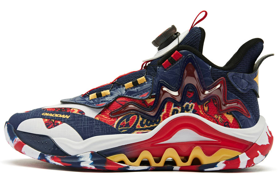 QIAODAN Leaping Dragon Comfortable Mid top Basketball Shoes Blue Red Teenagers