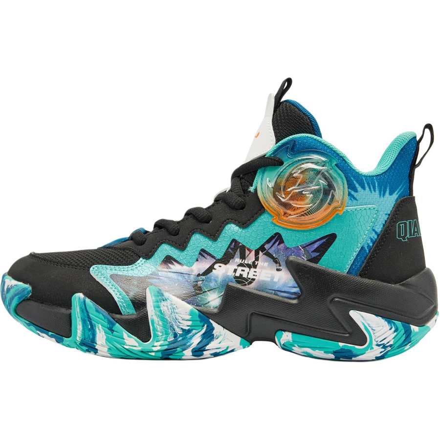 QIAODAN Synthetic Leather, Textile Soft And Comfortable Mid top Basketball Shoes Black/Spring River Green Teenagers