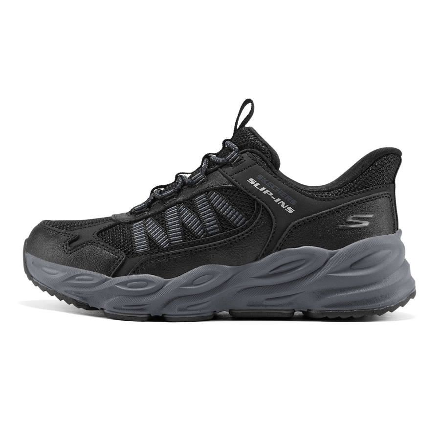 Skechers Kids Synthetic Leather, Textile Slip Resistant, Abrasion Resistant, Lightweight Cushioning Running Shoes Black