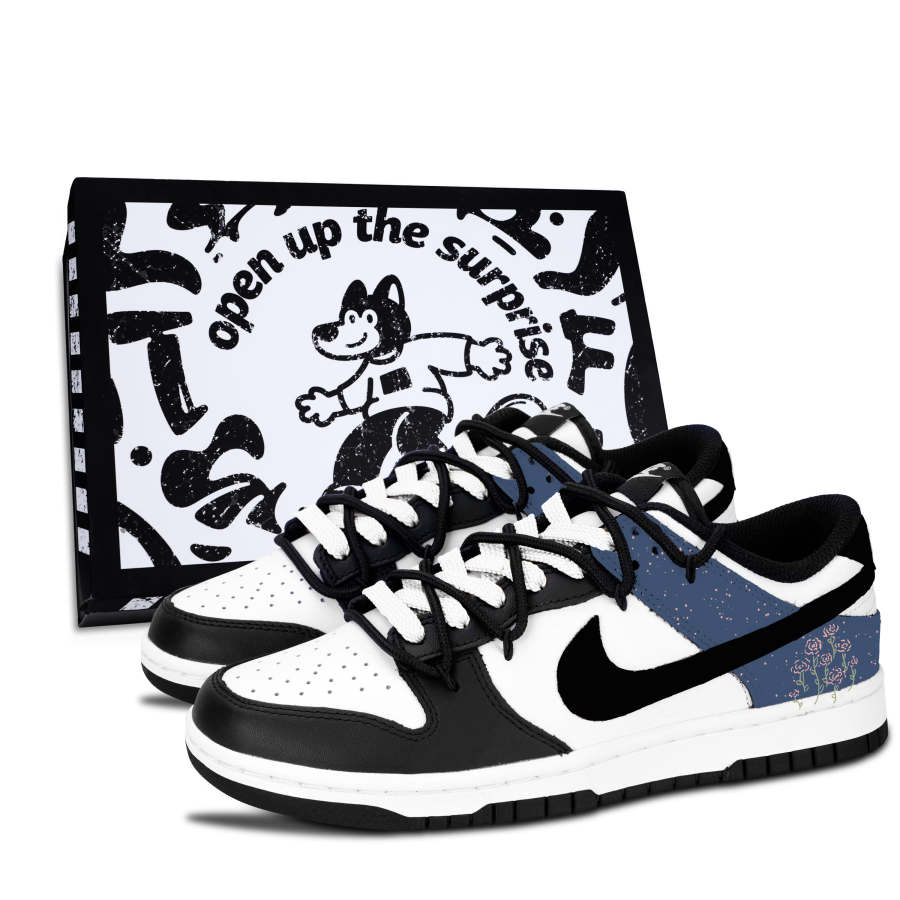 Nike Nike Dunk Black White, Blue Star Soft Leather Abrasion Resistant Slip Resistant Low top Skateboard Shoes Unisex Blue