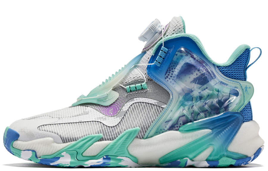 QIAODAN Irregular Shape 4 Cushioning Abrasion Resistant Breathable Mid top Basketball Shoes Green White Unisex