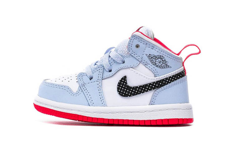 Jordan Jordan Air Jordan 1 Slip Resistant Cushioning Low top Toddler Shoes Polka Dot, White/Blue Infant And Toddler