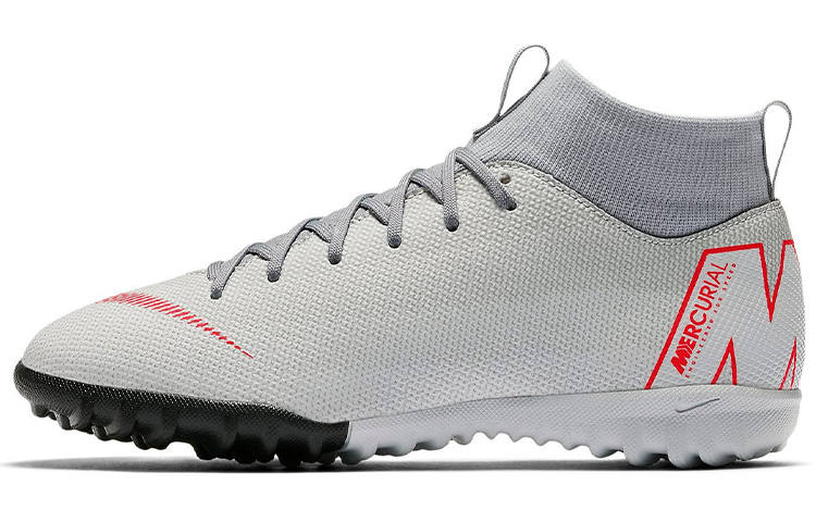 Nike Nike JR SuperflyX 6 Academy TF Grassland Slip Resistant Cushioning Abrasion Resistant Mid top Soccer Shoes Gray Red