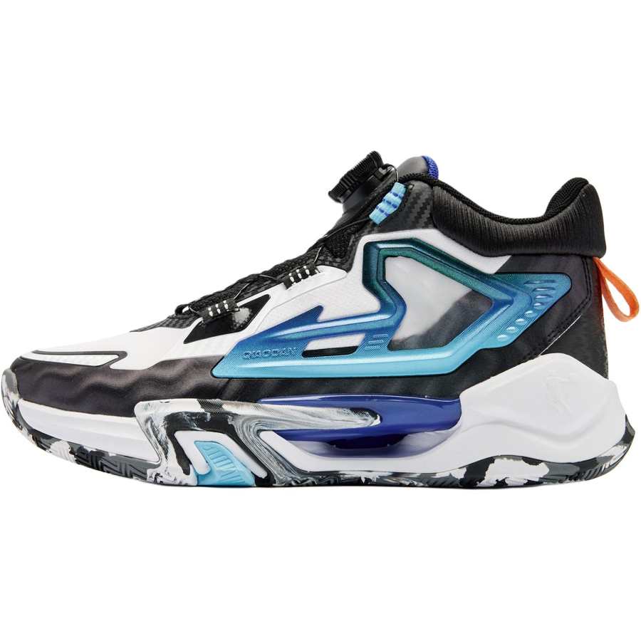 QIAODAN Slip Resistant Abrasion Resistant Mid top Children's Basketball Shoes White Blue Teenagers
